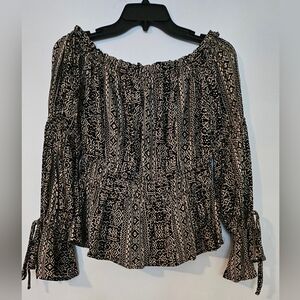 Savanna Jane Blouse NWT Top Long Sleeves Black Tan Scoop Neck Size M